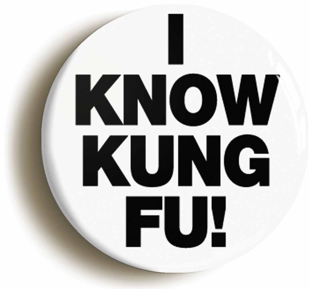 A picture of the front of the product, titled I Know Kung Fu Funny Button Pin Badge