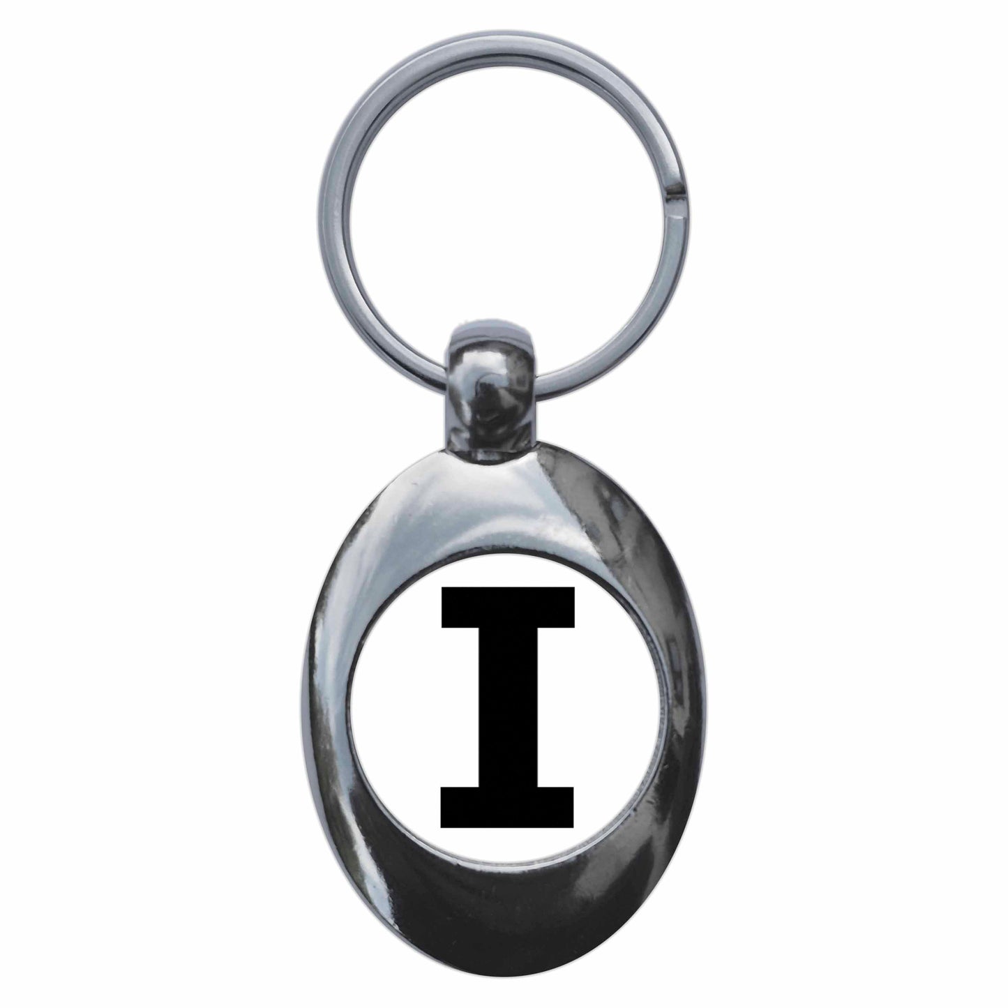 A picture of the front of the product, titled Letter I Metal Keyring With Trolley Coin
