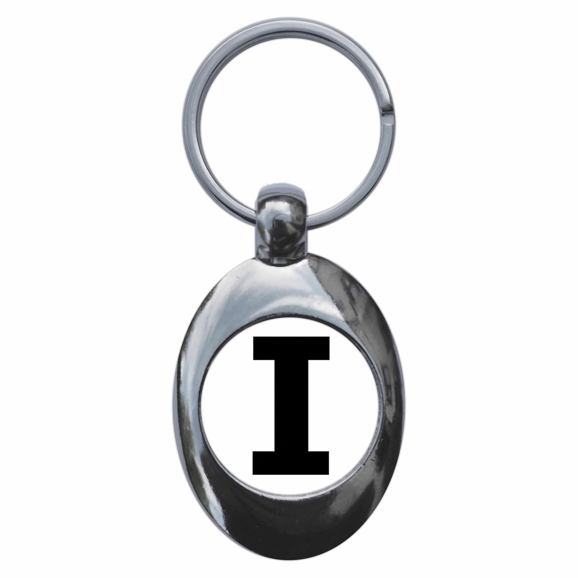 A picture of the front of the product, titled Letter I Metal Keyring With Trolley Coin