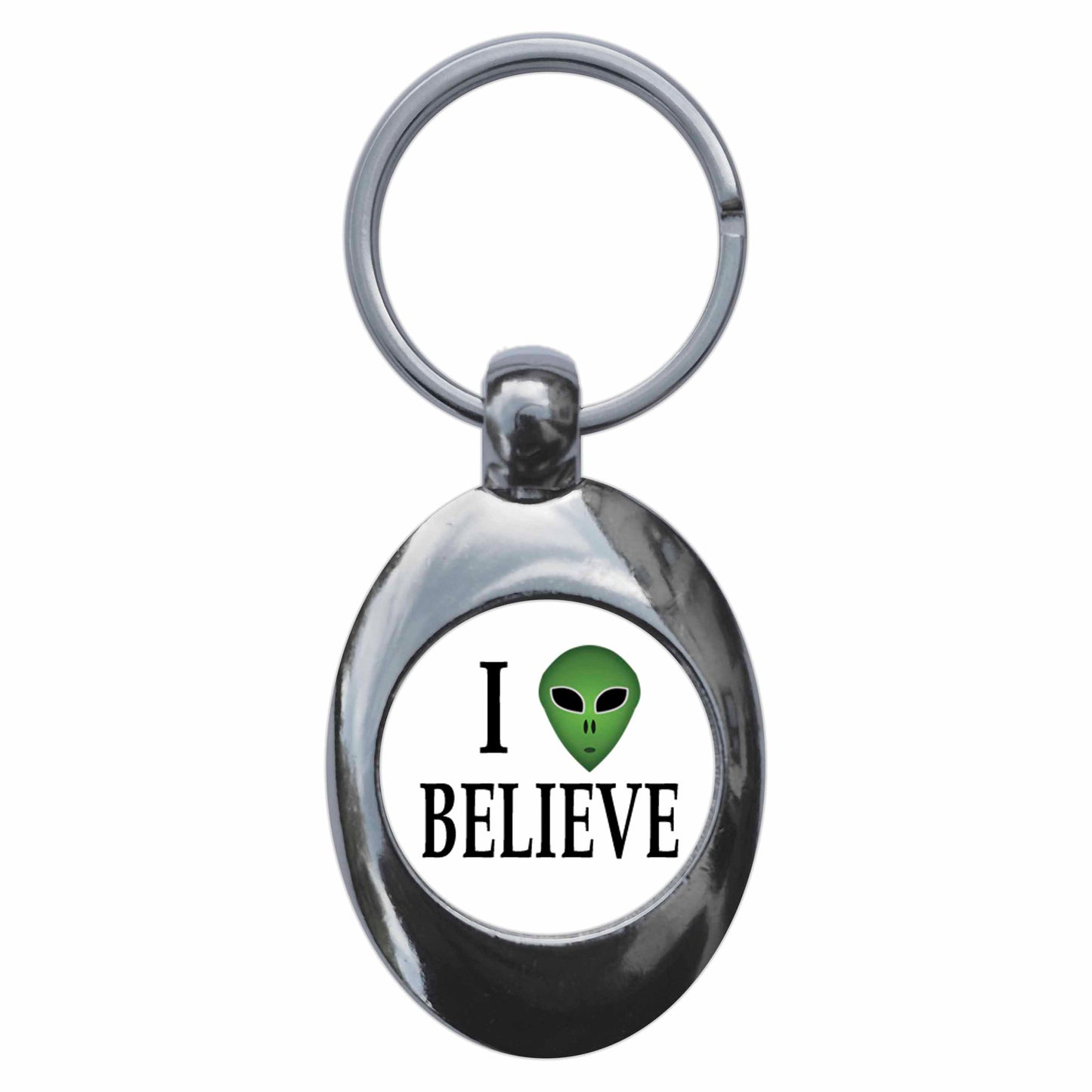 I Believe Alien Metal Keyring With Trolley Coin