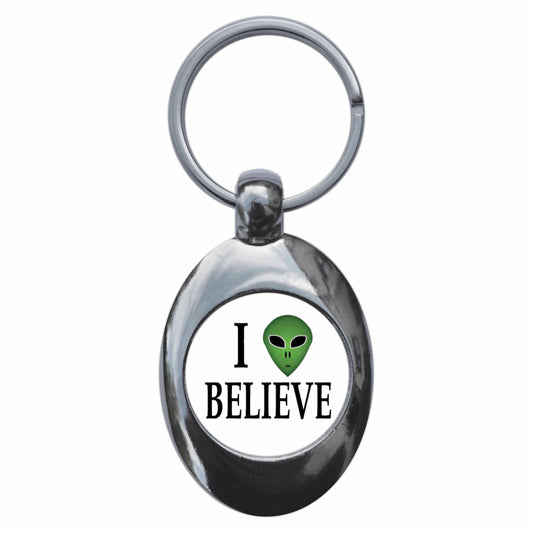 I Believe Alien Metal Keyring With Trolley Coin