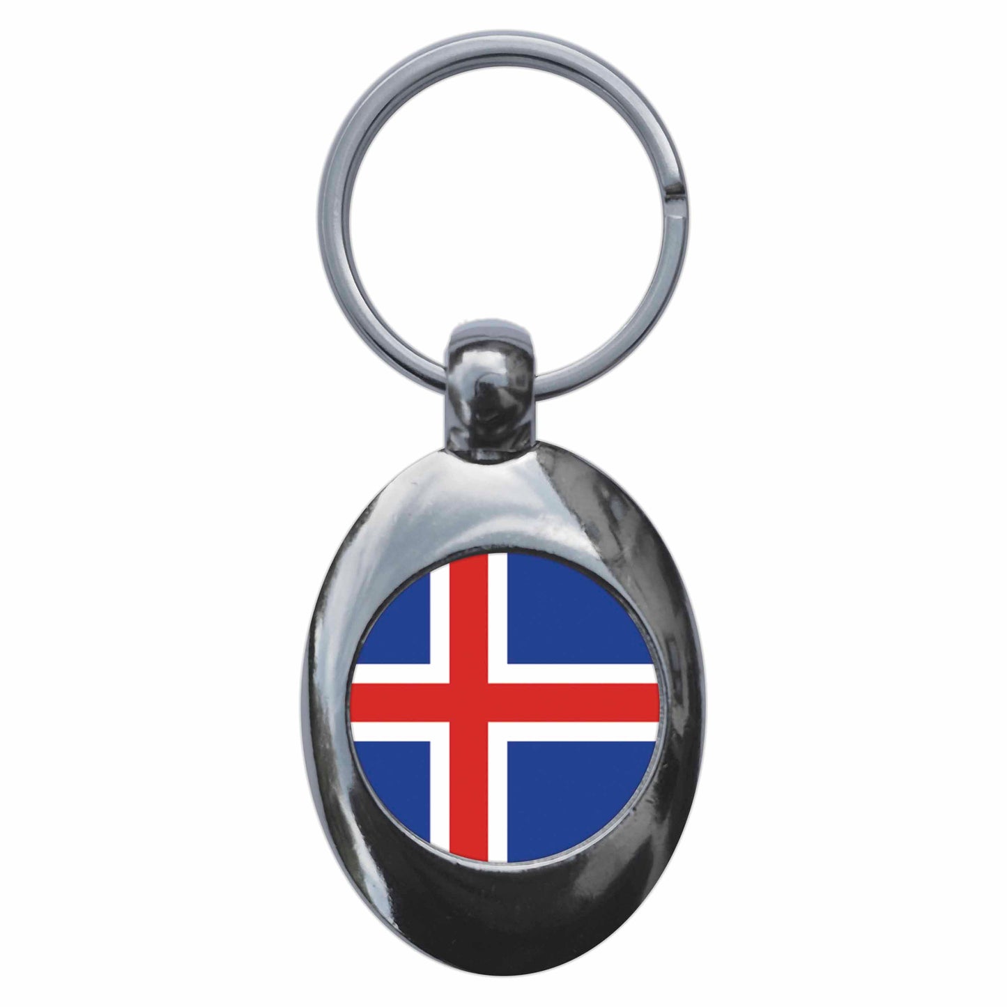 A picture of the front of the product, titled Iceland Icelandic National Flag Metal Keyring With Trolley Coin