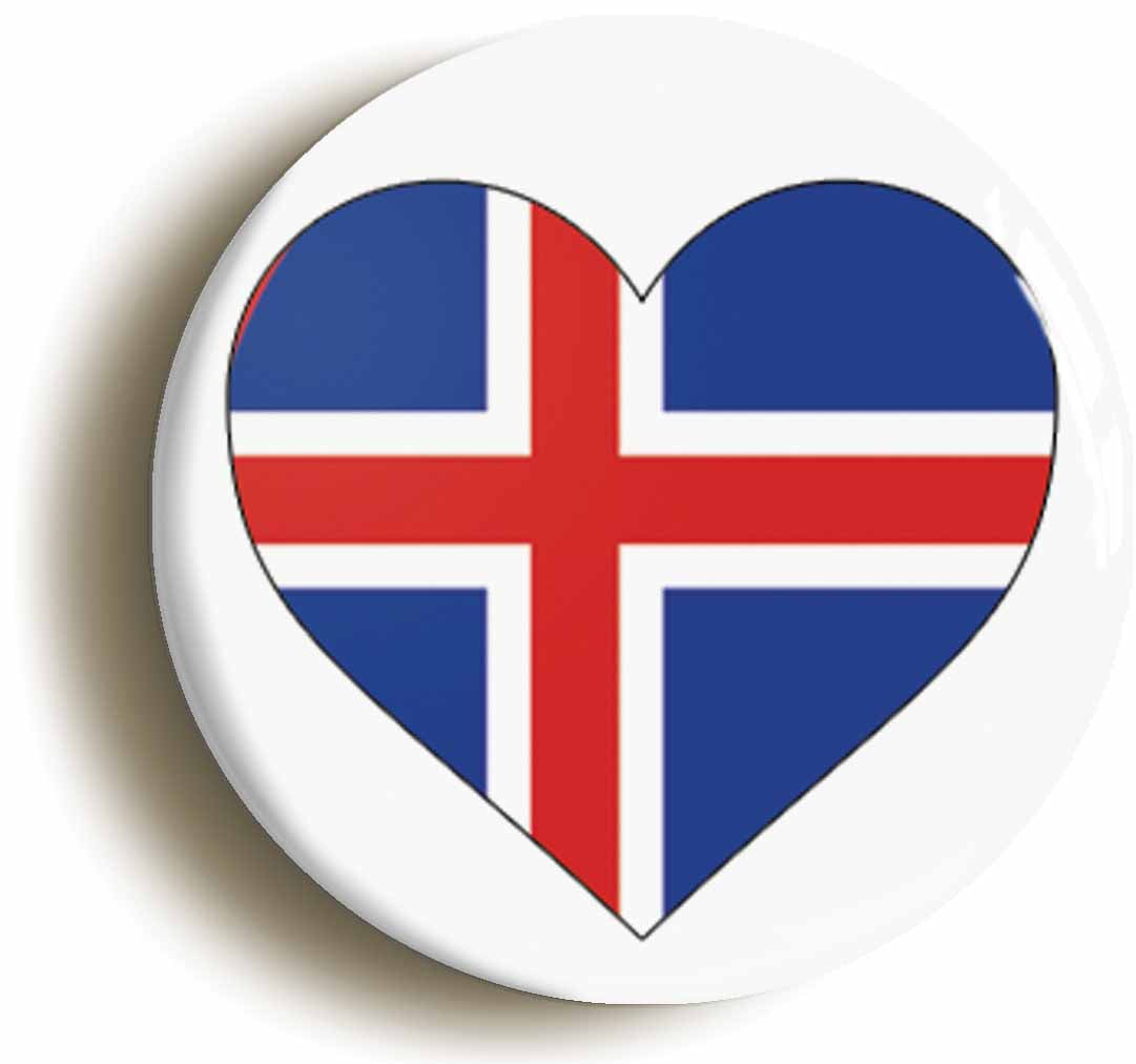 A picture of the front of the product, titled Iceland Icelandic Flag Heart Button Pin Badge