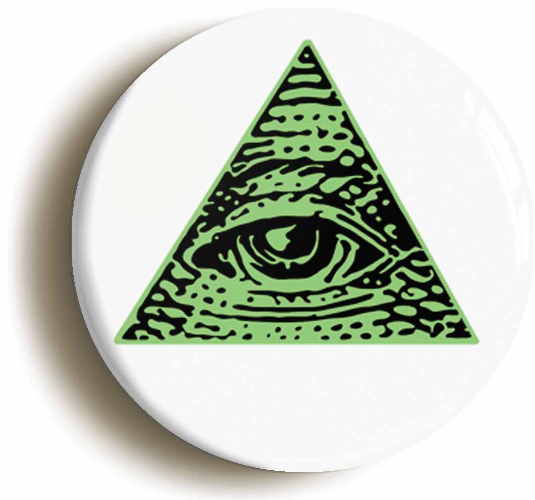 A picture of the front of the product, titled Illuminati All Seeing Eye Conspiracy World Government Button Pin Badge