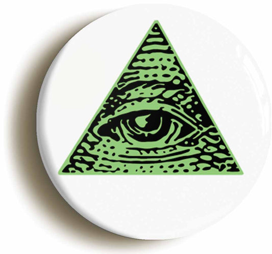 A picture of the front of the product, titled Illuminati All Seeing Eye Conspiracy World Government Button Pin Badge