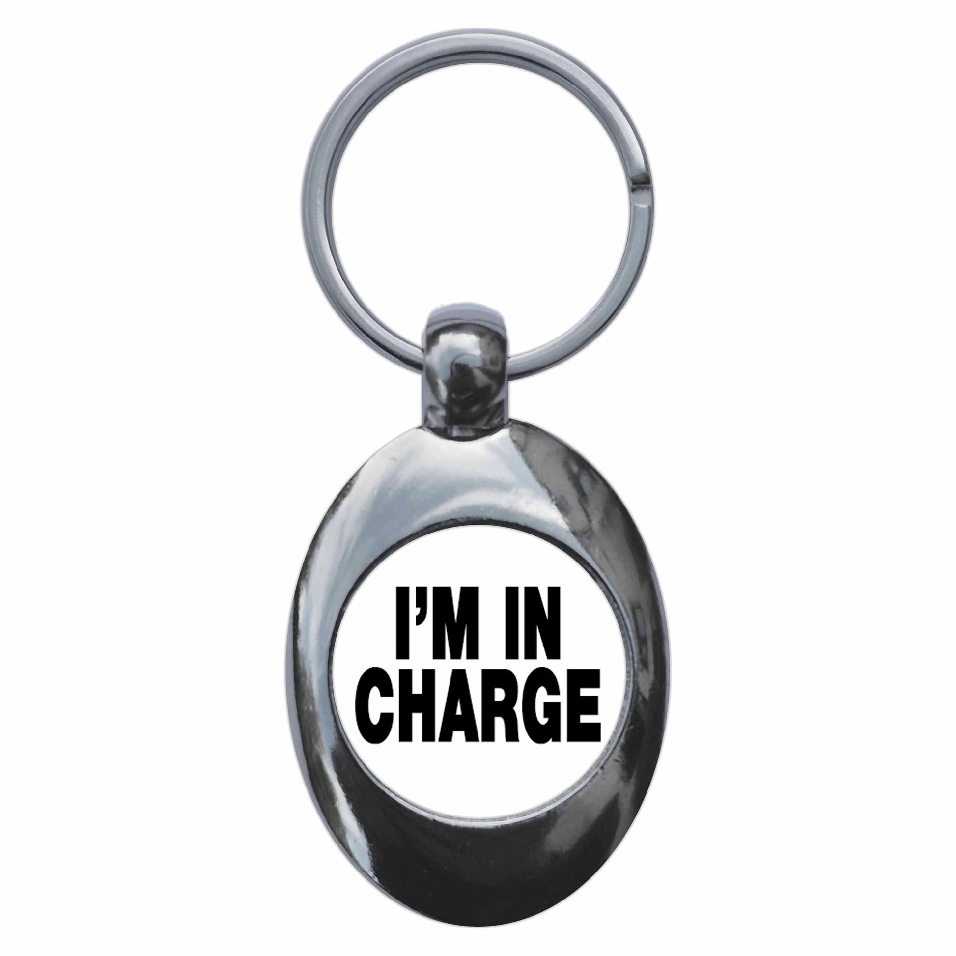 A picture of the front of the product, titled I'm In Charge Metal Keyring With Trolley Coin