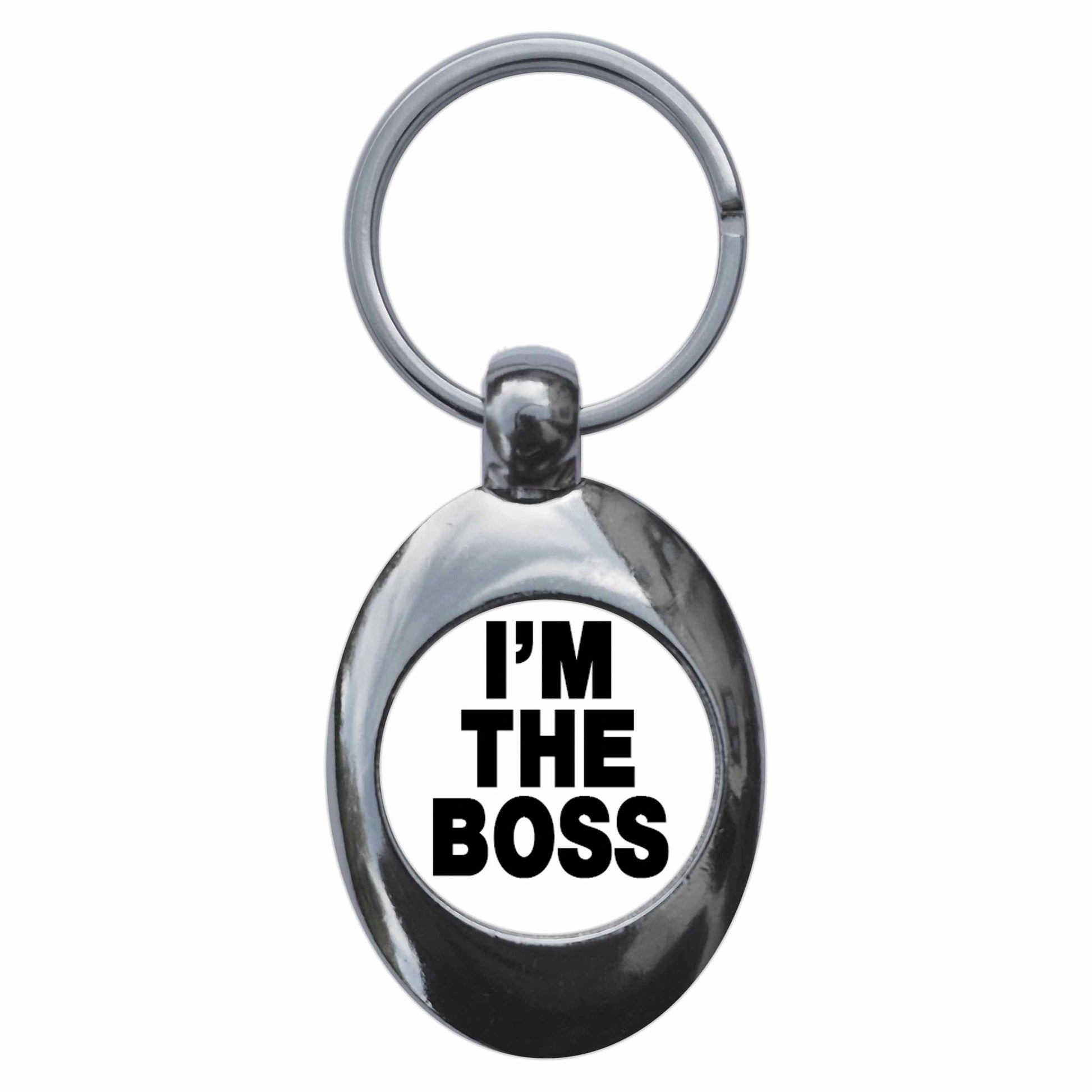 A picture of the front of the product, titled I'm The Boss Metal Keyring With Trolley Coin