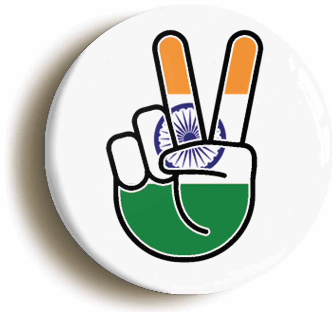 A picture of the front of the product, titled India Indian National Flag Peace Sign V Button Pin Badge