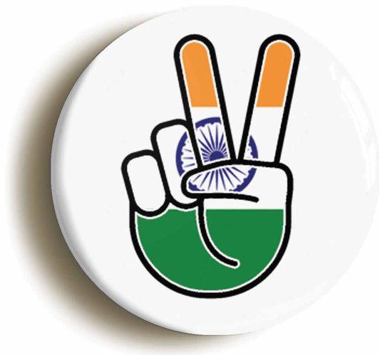 A picture of the front of the product, titled India Indian National Flag Peace Sign V Button Pin Badge