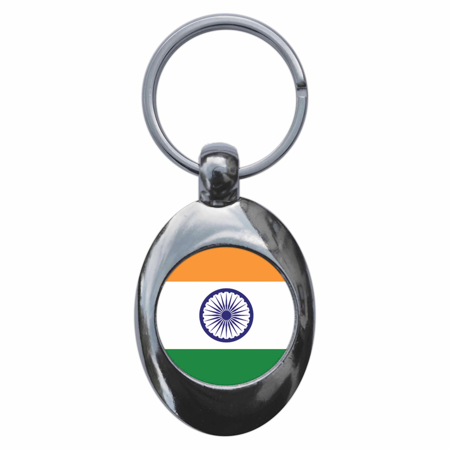 A picture of the front of the product, titled India Indian National Flag Metal Keyring With Trolley Coin