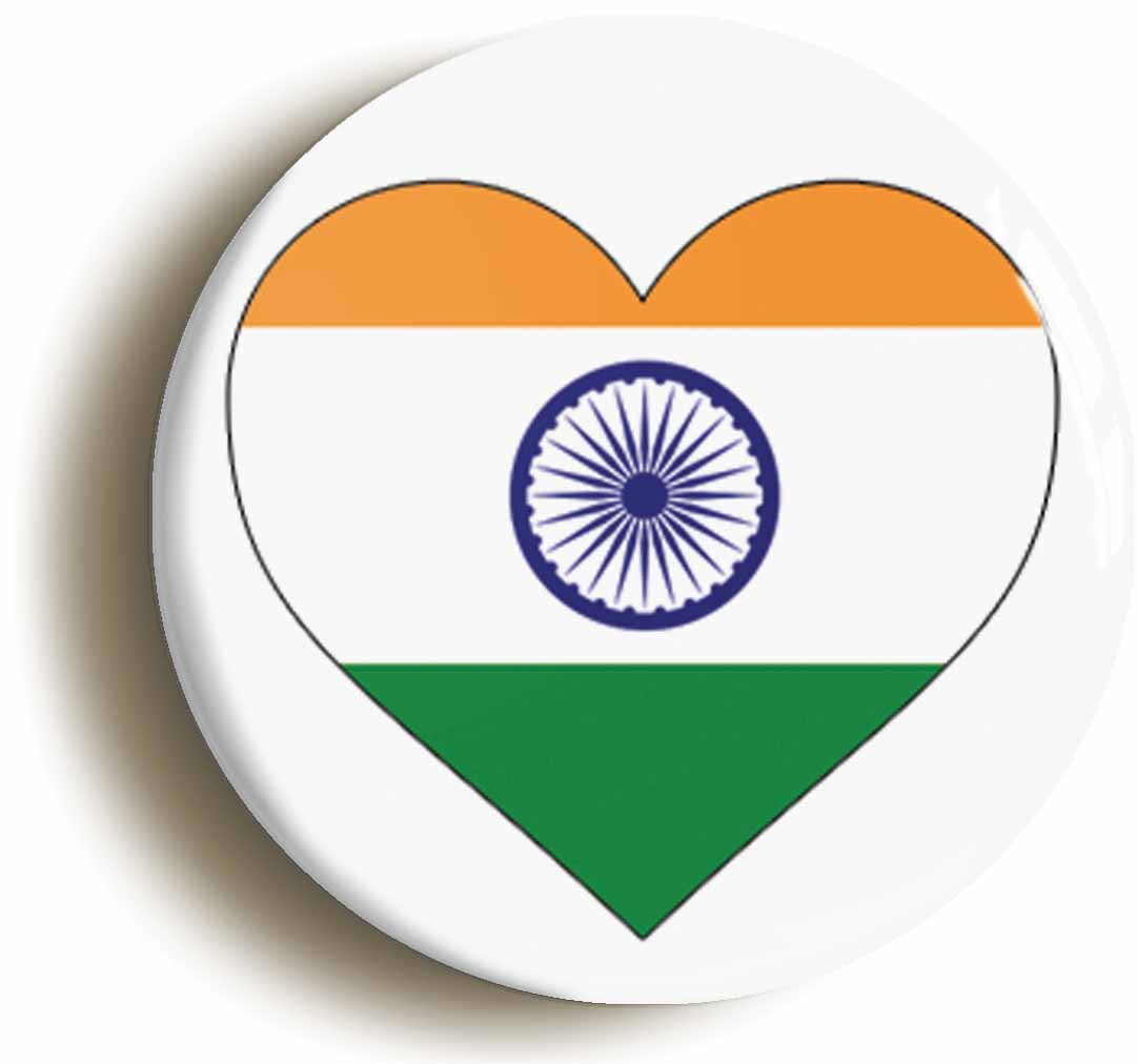 A picture of the front of the product, titled India Indian Flag Heart Button Pin Badge