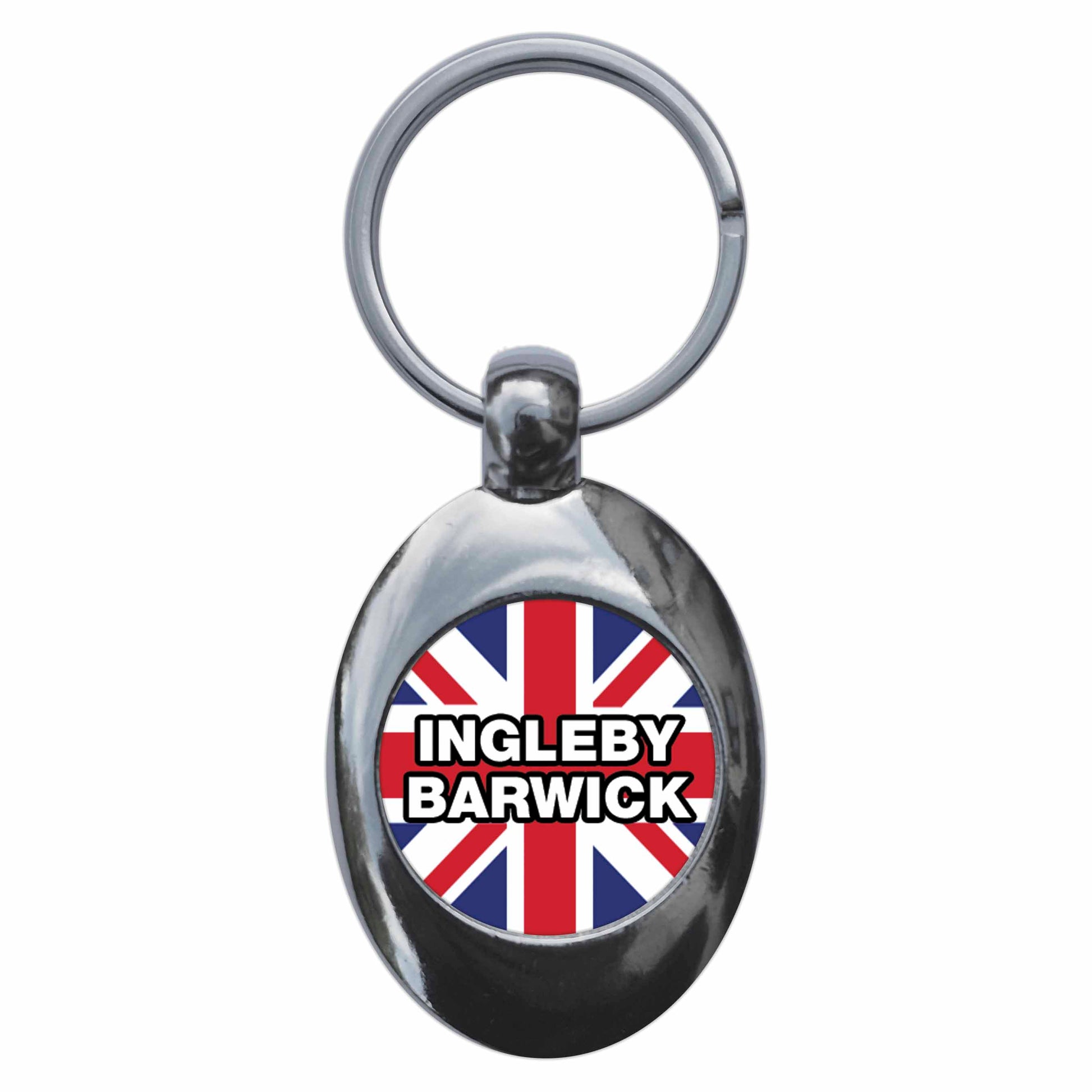A picture of the front of the product, titled Ingleby Barwick Union Jack Metal Keyring With Trolley Coin