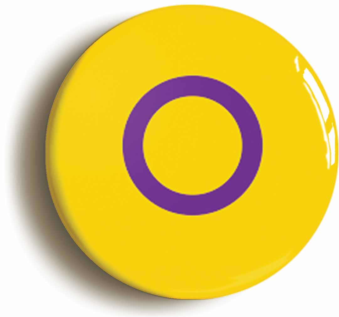 A picture of the front of the product, titled Intersex Flag LGBTQ Pride Button Pin Badge