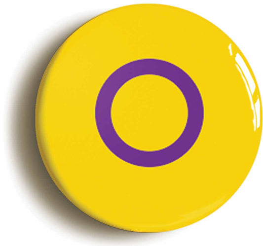 A picture of the front of the product, titled Intersex Flag LGBTQ Pride Button Pin Badge