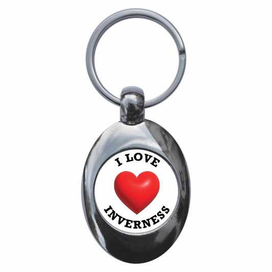 A picture of the front of the product, titled I Heart Love Inverness Metal Keyring With Trolley Coin