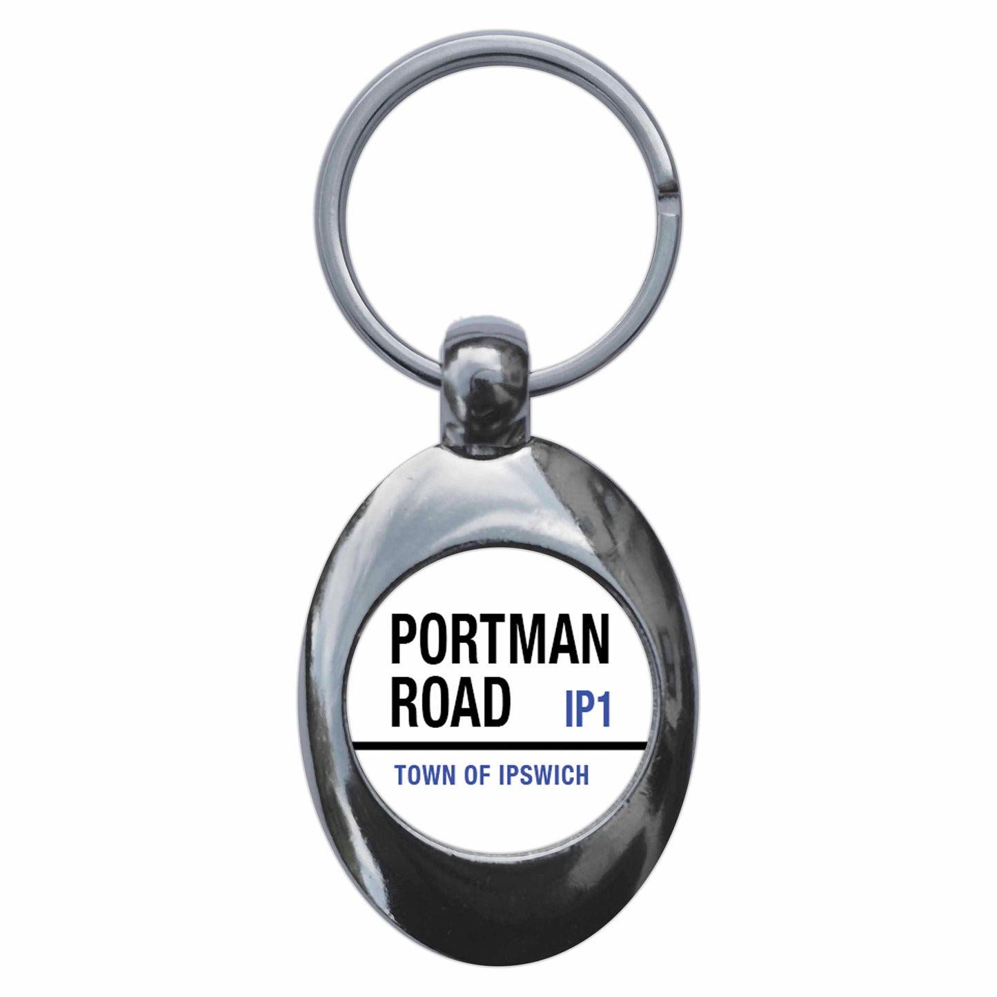 A picture of the front of the product, titled Portman Road IP1 Town Of Ipswich Road Sign Metal Keyring With Trolley Coin