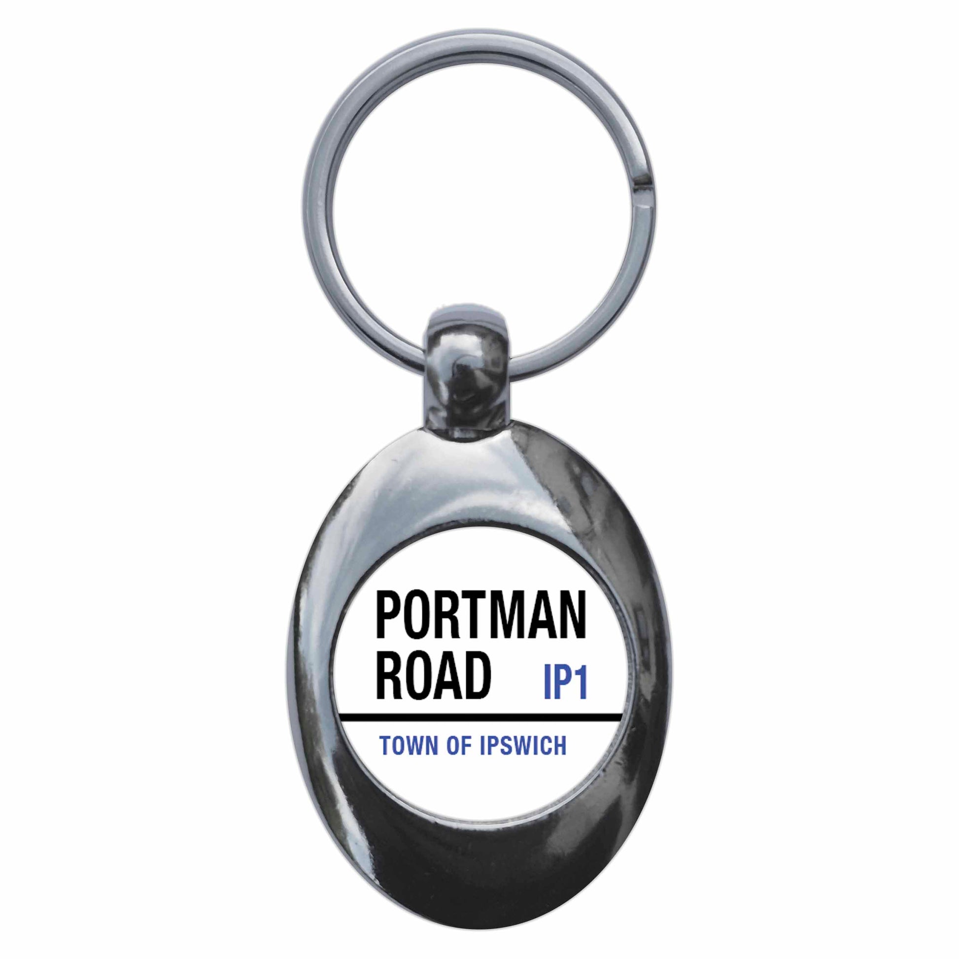 A picture of the front of the product, titled Portman Road IP1 Town Of Ipswich Road Sign Metal Keyring With Trolley Coin