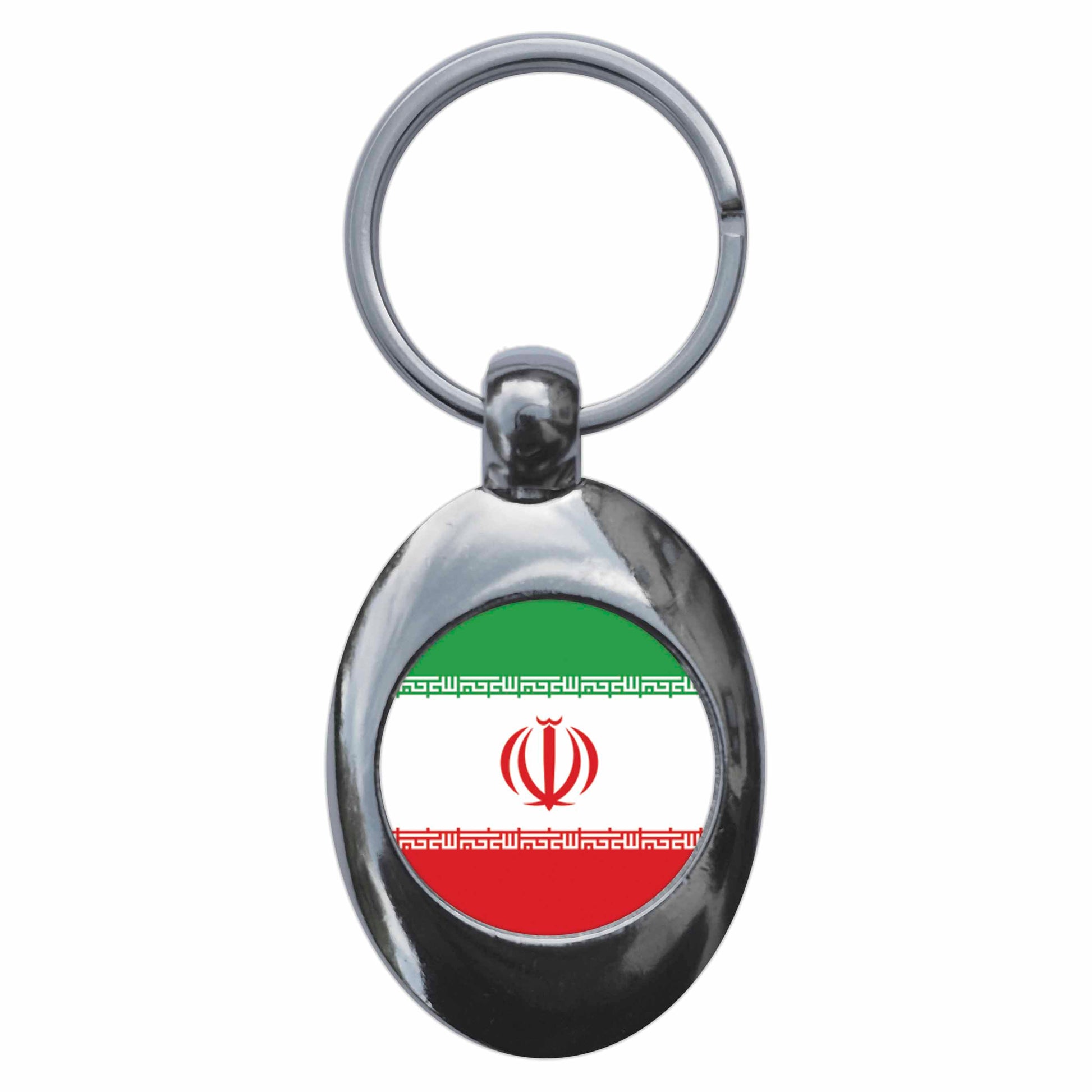 A picture of the front of the product, titled Iran Iranian National Flag Metal Keyring With Trolley Coin