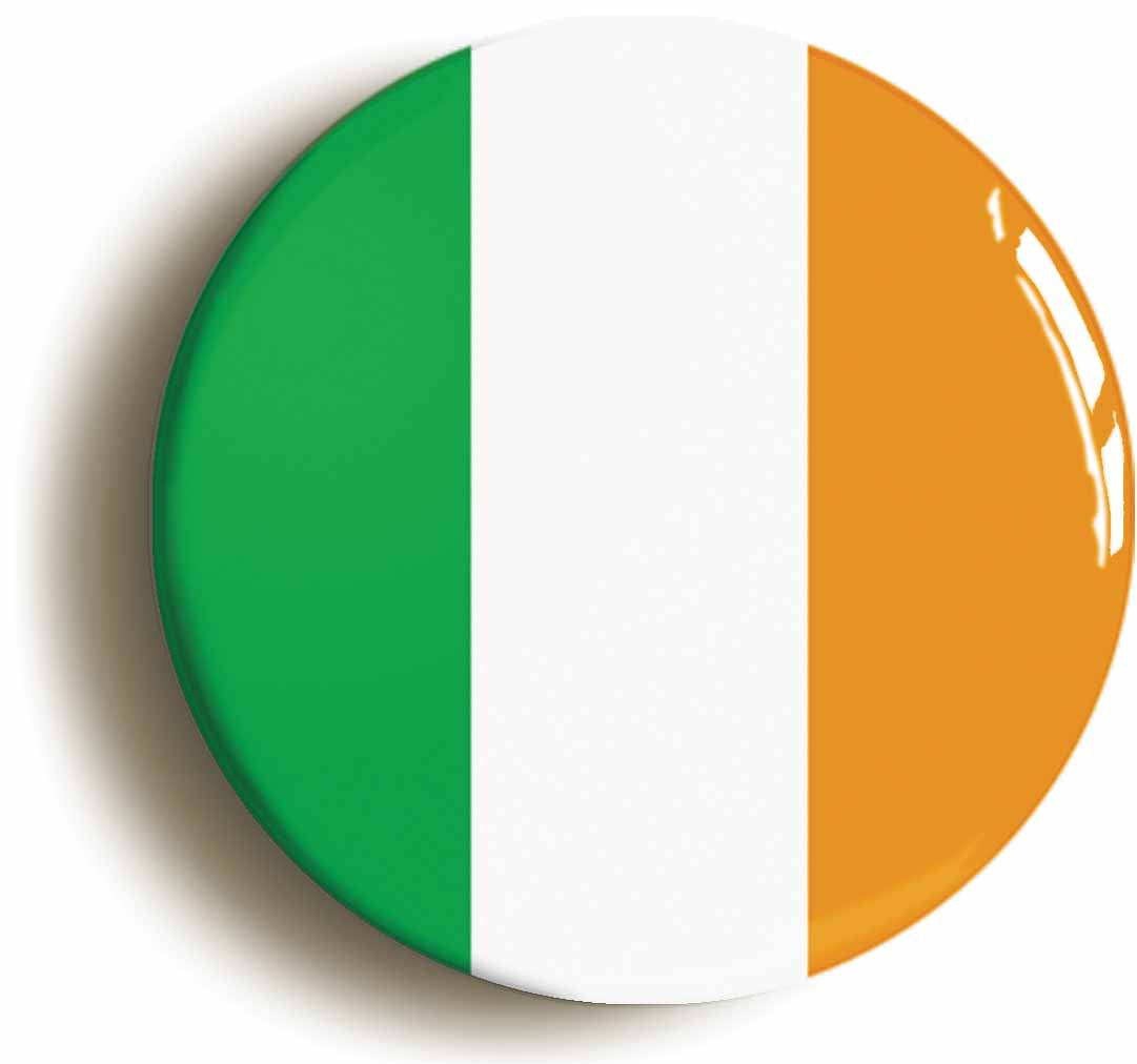 A picture of the front of the product, titled Ireland Éire Irish Flag Tricolour Button Pin Badge