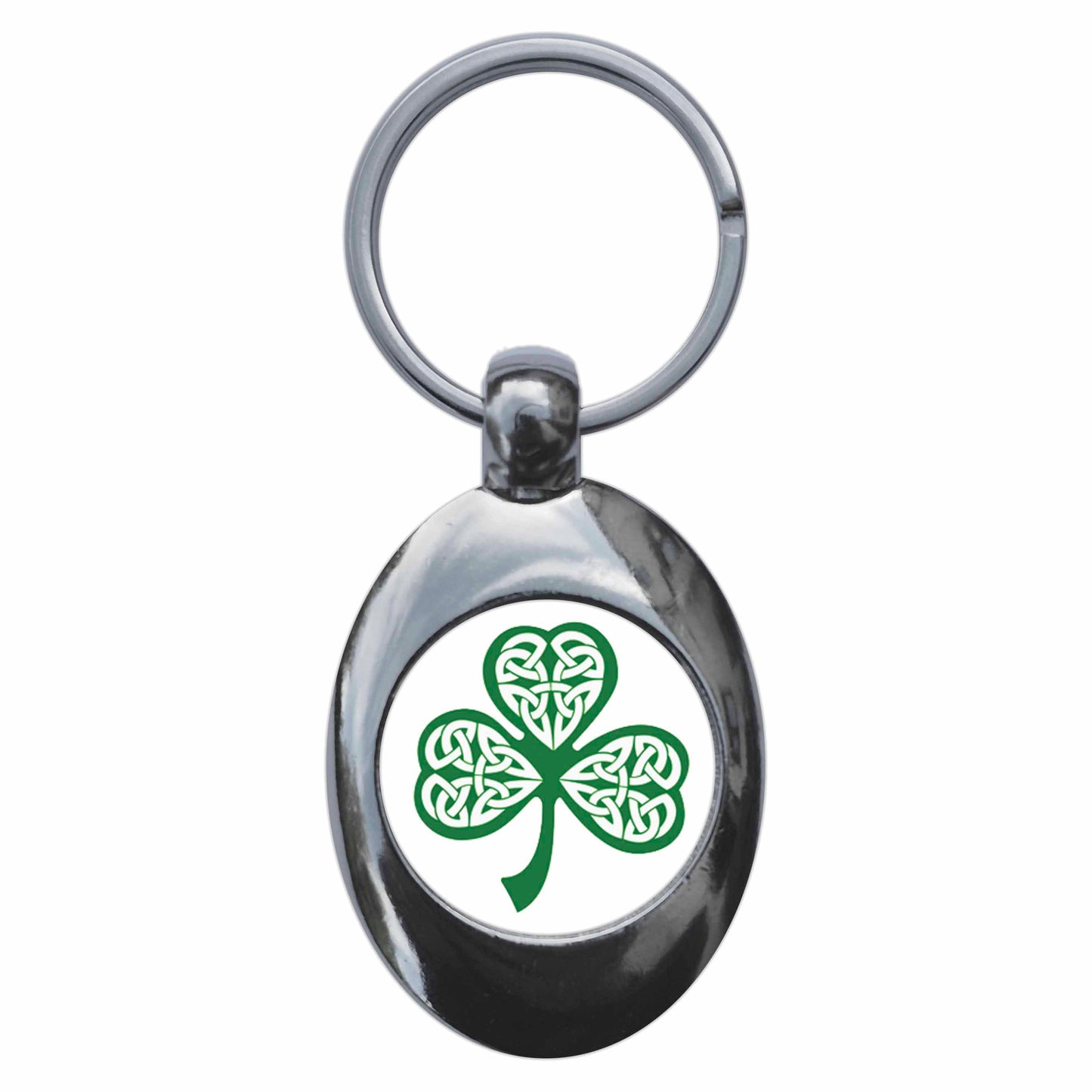 A picture of the front of the product, titled Irish Shamrock Metal Keyring With Trolley Coin