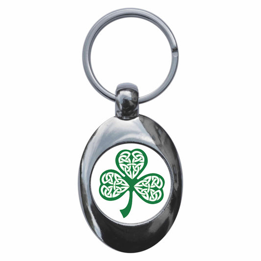 A picture of the front of the product, titled Irish Shamrock Metal Keyring With Trolley Coin