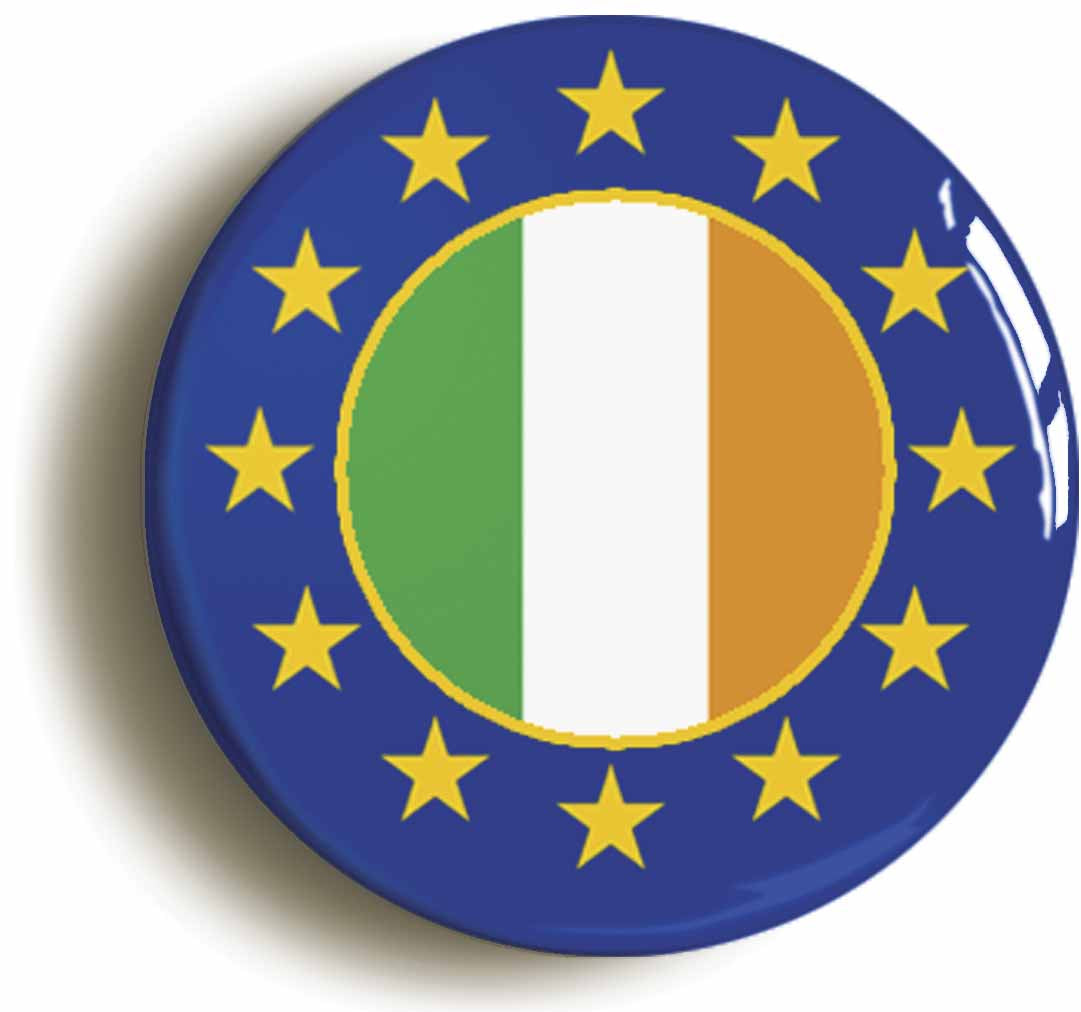 A picture of the front of the product, titled Ireland European Union Split Flag Button Pin Badge