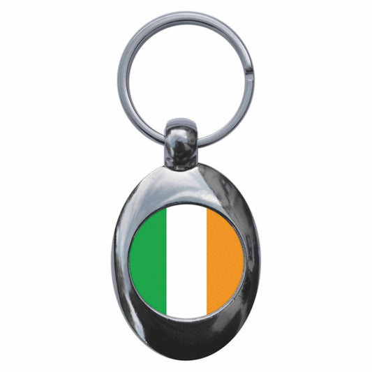 A picture of the front of the product, titled Ireland Éire Irish Flag Tricolour Metal Keyring With Trolley Coin