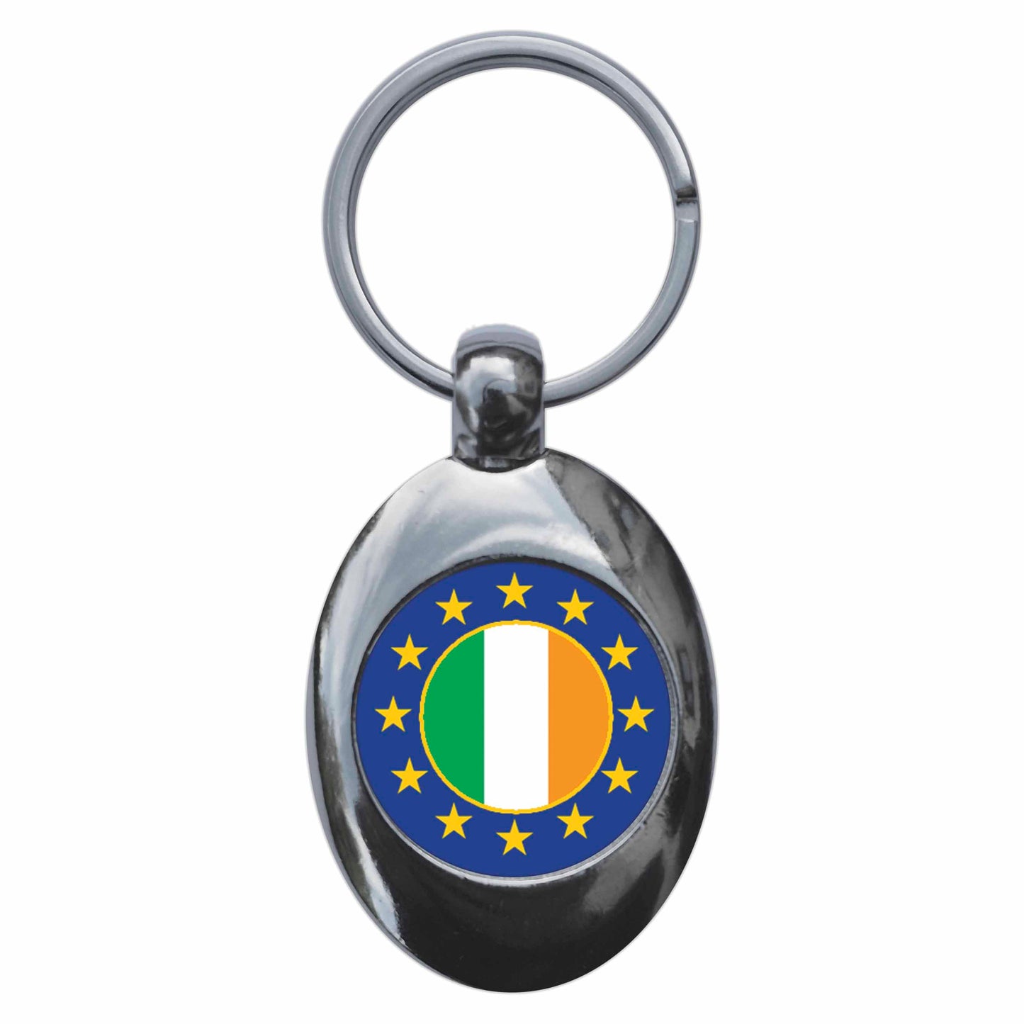 A picture of the front of the product, titled Ireland European Union Split Flag Metal Keyring With Trolley Coin