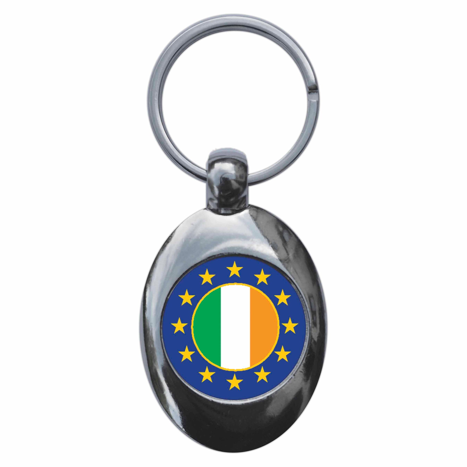 A picture of the front of the product, titled Ireland European Union Split Flag Metal Keyring With Trolley Coin
