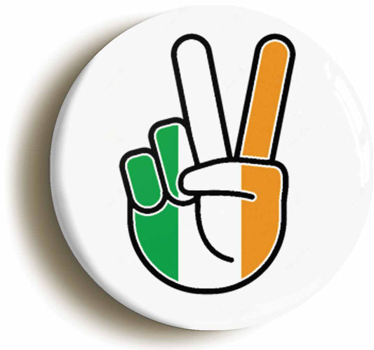 A picture of the front of the product, titled Ireland Irish National Flag Peace Sign V Button Pin Badge