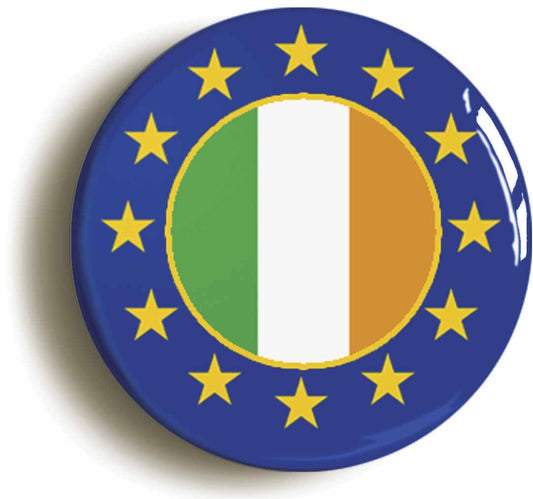 A picture of the front of the product, titled Ireland European Union Split Flag Circular 50mm Fridge Magnet