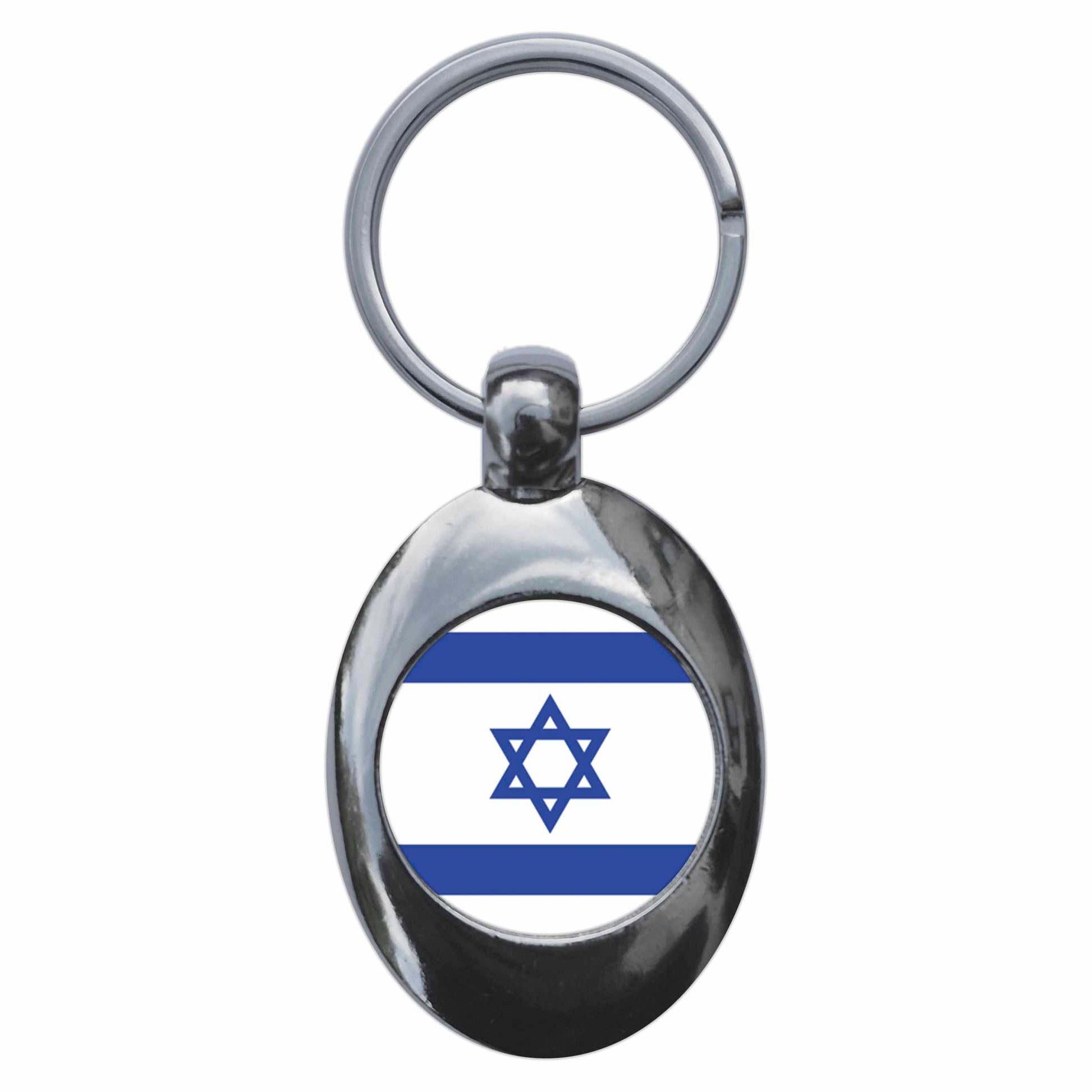 A picture of the front of the product, titled Israel Israeli National Flag Metal Keyring With Trolley Coin