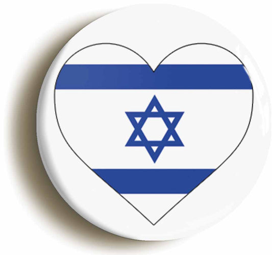 A picture of the front of the product, titled Israel Israeli Flag Heart Button Pin Badge