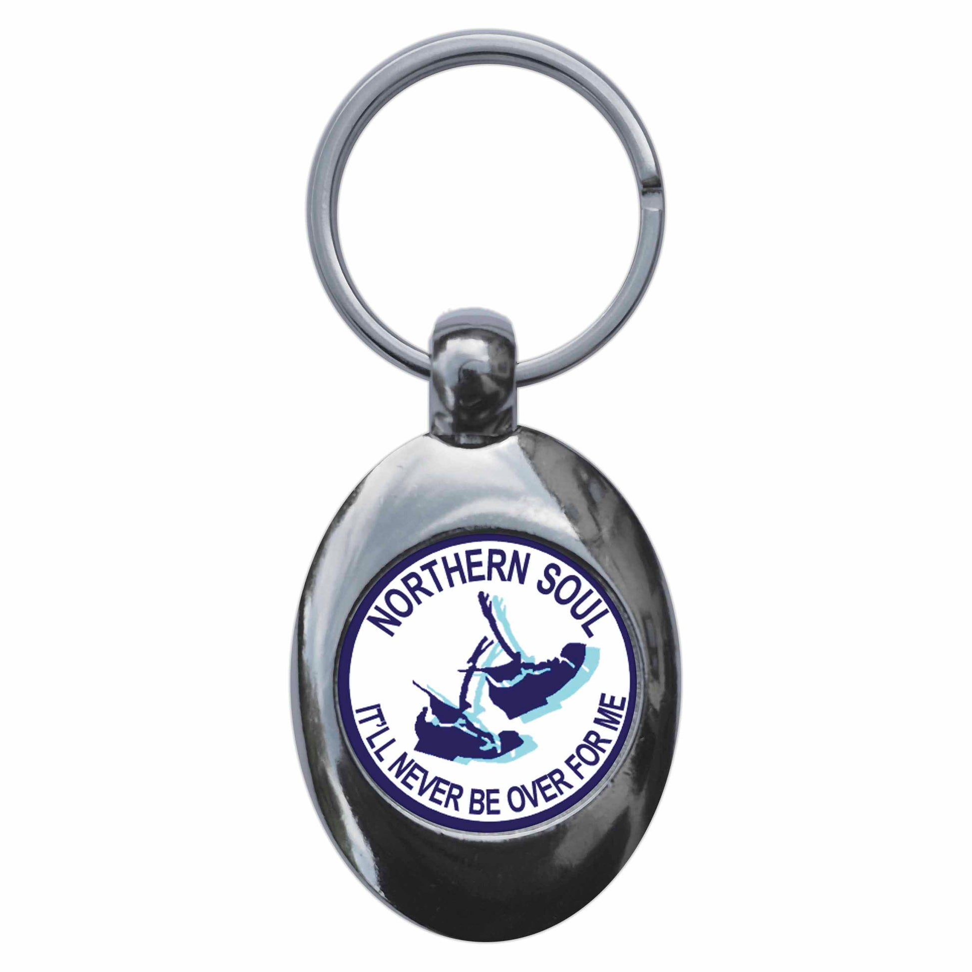 A picture of the front of the product, titled Northern Soul It'll Never Be Over For Me Metal Keyring With Trolley Coin