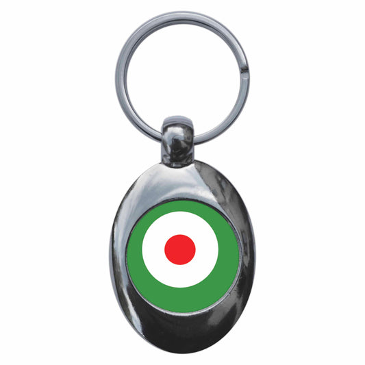 A picture of the front of the product, titled Italian Target Roundel Mod Metal Keyring With Trolley Coin