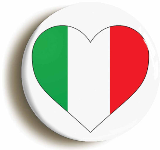 A picture of the front of the product, titled Italy Italian Flag Heart Button Pin Badge
