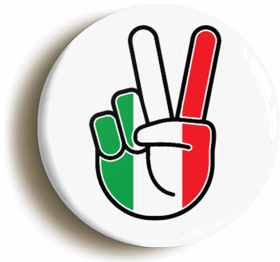 A picture of the front of the product, titled Italy Italian National Flag Peace Sign V Button Pin Badge