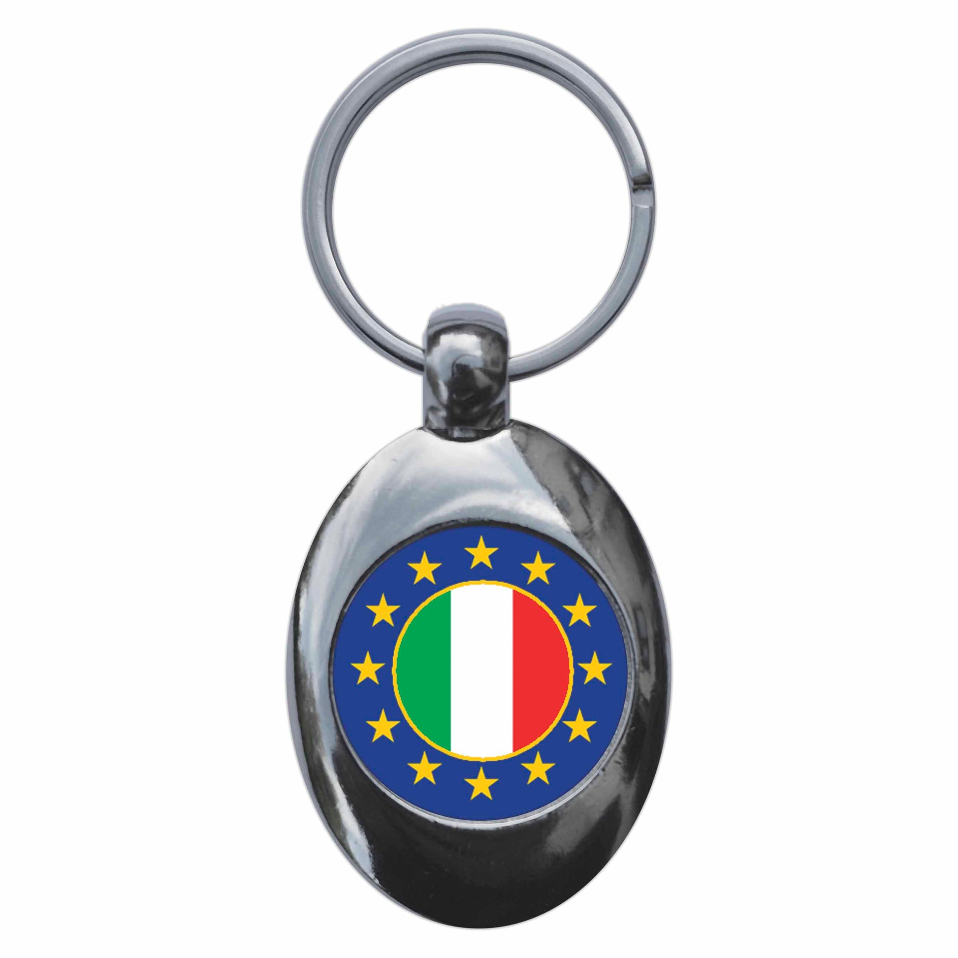 A picture of the front of the product, titled Italy European Union Split Flag Metal Keyring With Trolley Coin