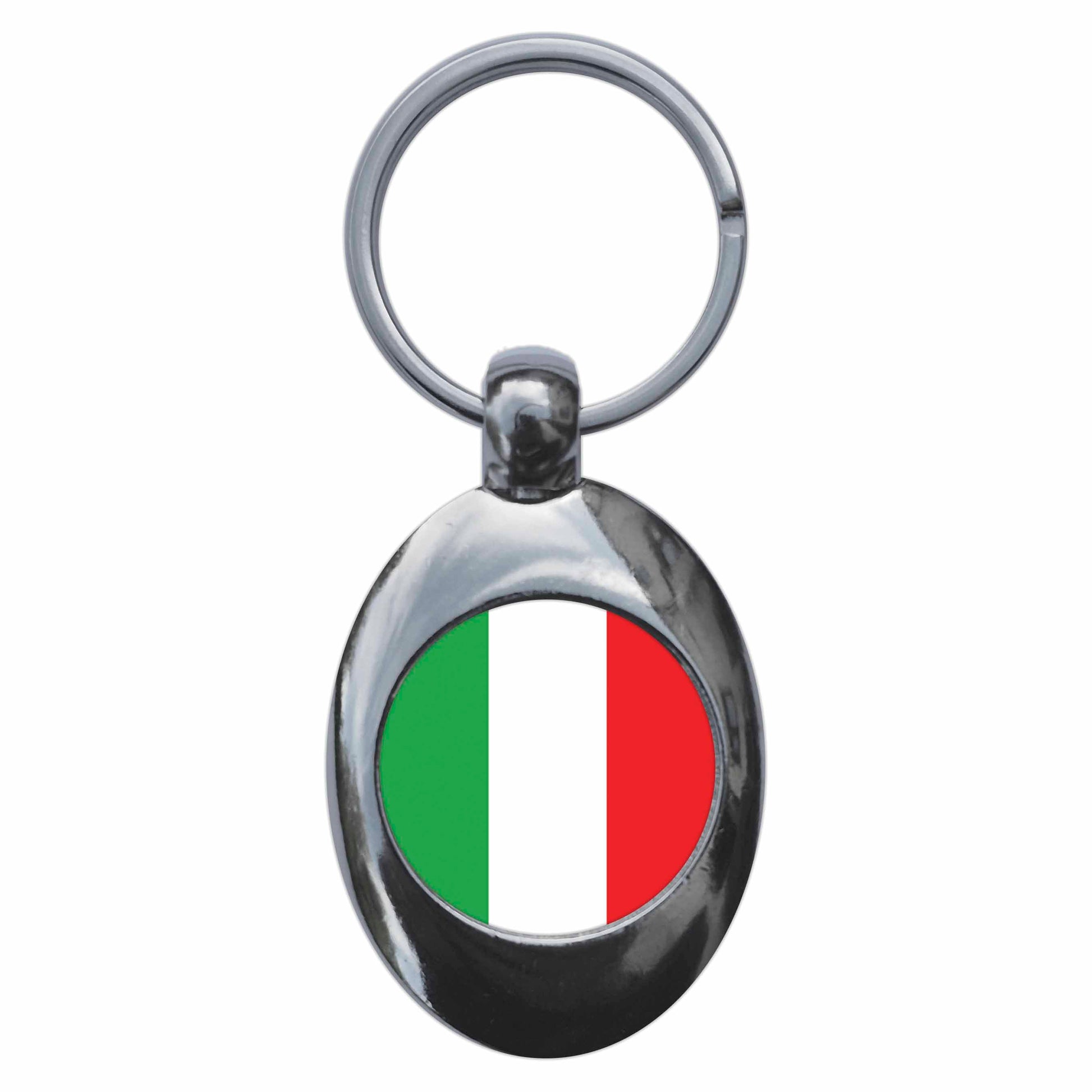 A picture of the front of the product, titled Italy Italian National Flag Metal Keyring With Trolley Coin