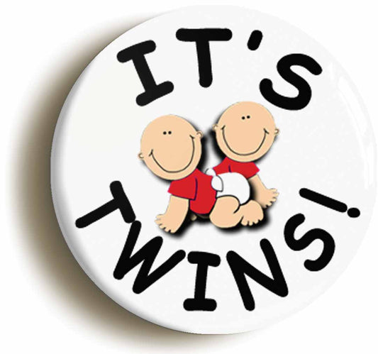 A picture of the front of the product, titled It's Twins New Baby Mum To Be Pregnancy Button Pin Badge