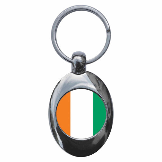 A picture of the front of the product, titled Cote D'Ivoire Ivory Coast Ivorian National Flag Metal Keyring With Trolley Coin