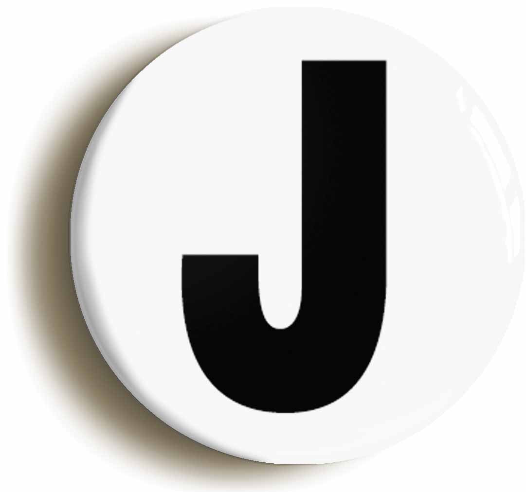 A picture of the front of the product, titled Letter J Button Pin Badge