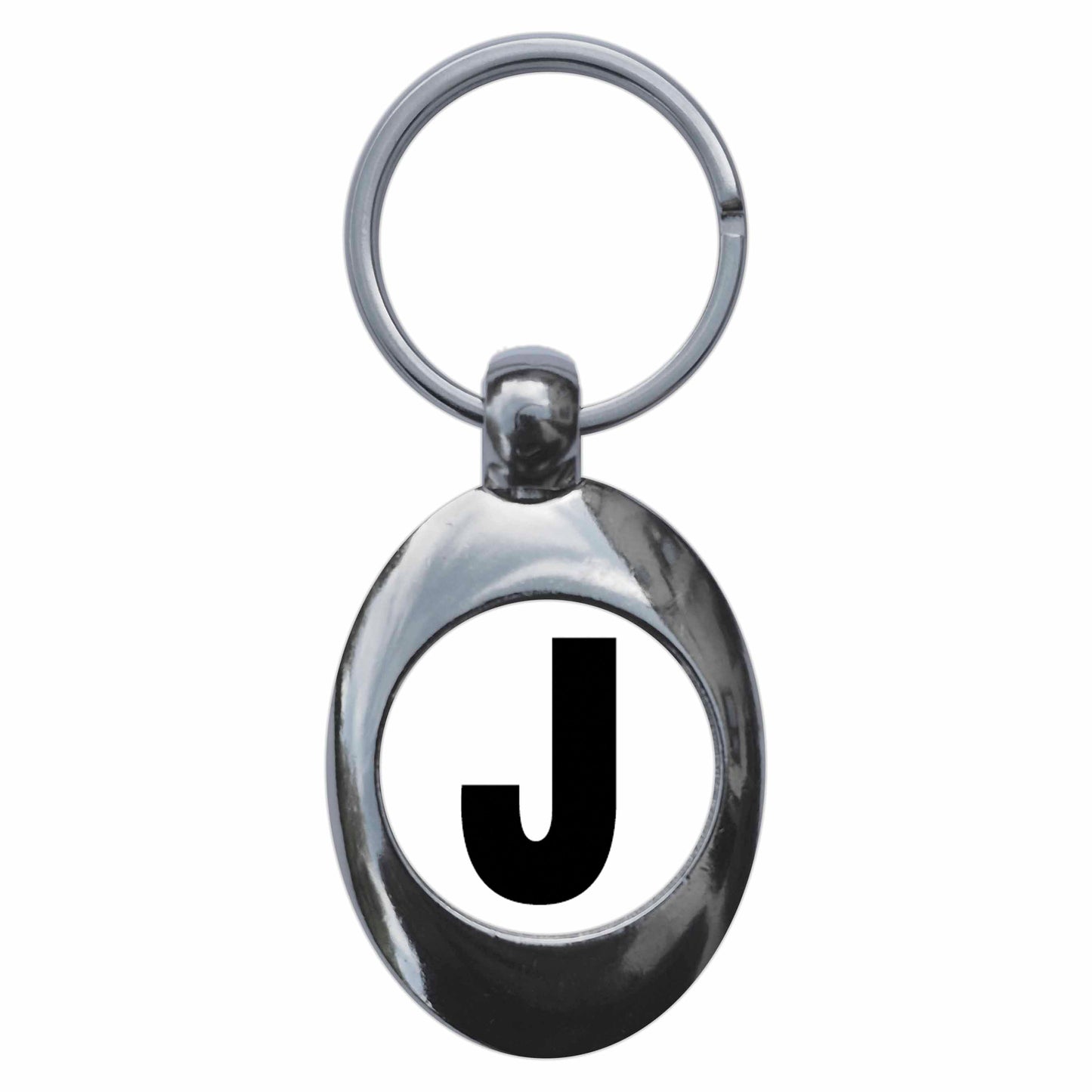 A picture of the front of the product, titled Letter J Metal Keyring With Trolley Coin