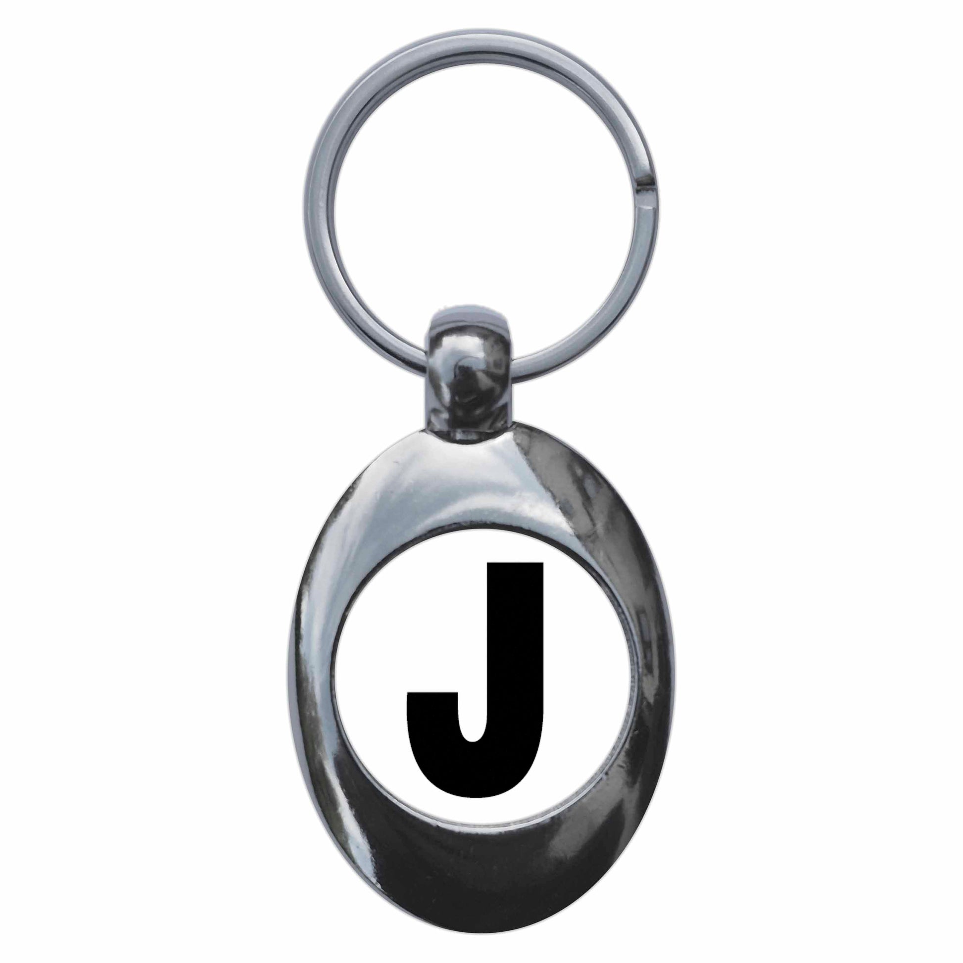 A picture of the front of the product, titled Letter J Metal Keyring With Trolley Coin