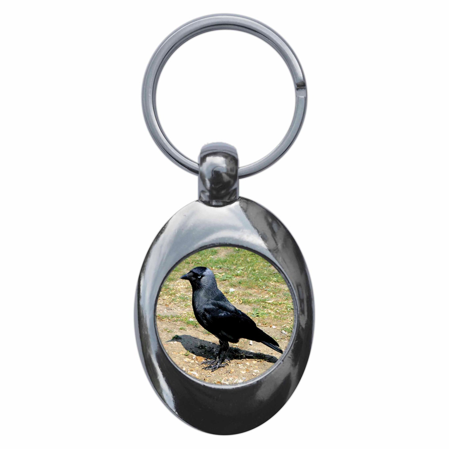 A picture of the front of the product, titled Jackdaw Metal Keyring With Trolley Coin