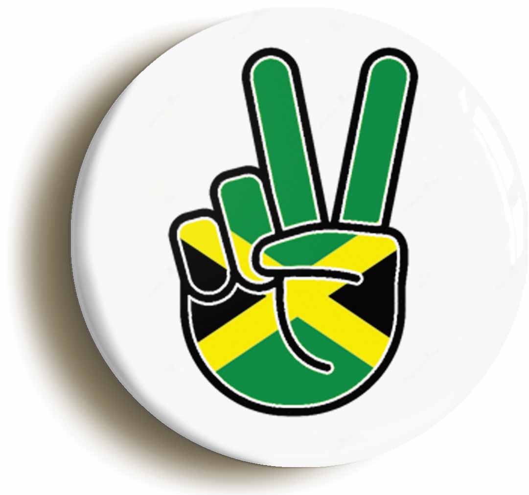 A picture of the front of the product, titled Jamaica Jamaican National Flag Peace Sign V Button Pin Badge