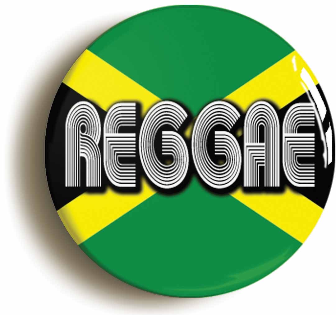 A picture of the front of the product, titled Reggae Jamaica Flag Button Pin Badge