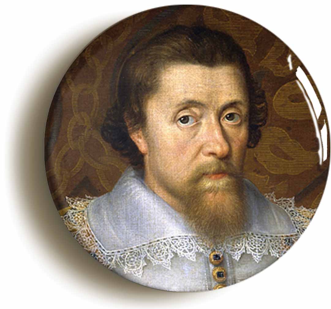A picture of the front of the product, titled King James I Portrait Button Pin Badge