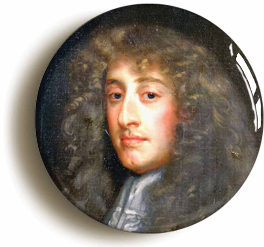 A picture of the front of the product, titled King James II Portrait Button Pin Badge