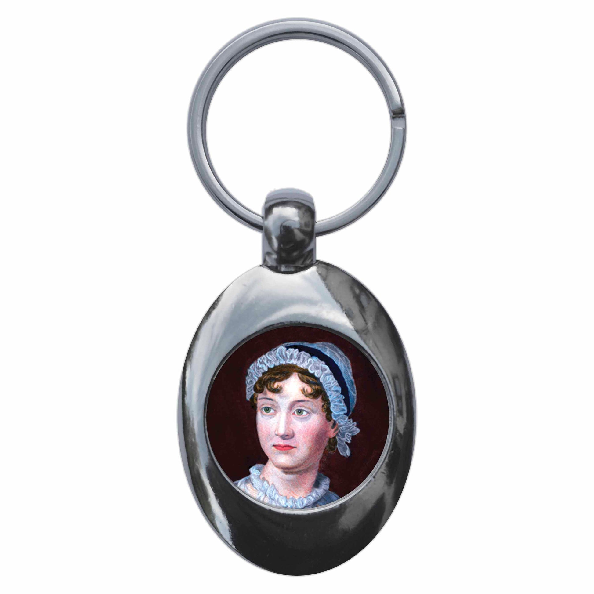 A picture of the front of the product, titled Jane Austen Portrait Metal Keyring With Trolley Coin